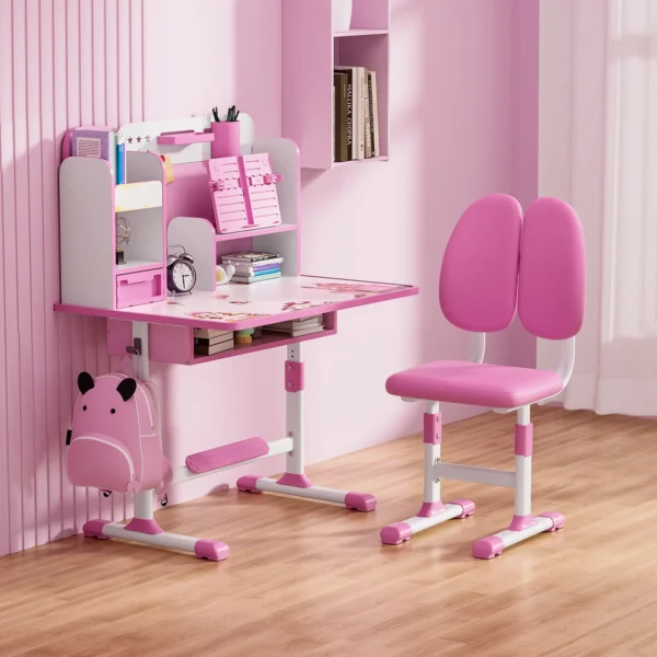 2Pcs/Set Kids Study Desk Chair Set, Height Adjustable Children School Study Table Chair Set with Sitting Corrector