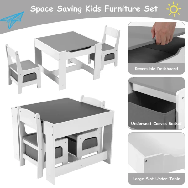 AOOU Kids Table and 2 Chairs Set, 3-in-1 Wooden Activity Table, w/Detachable Storage Drawer, Drawing Reading Black Board Desk - Image 4