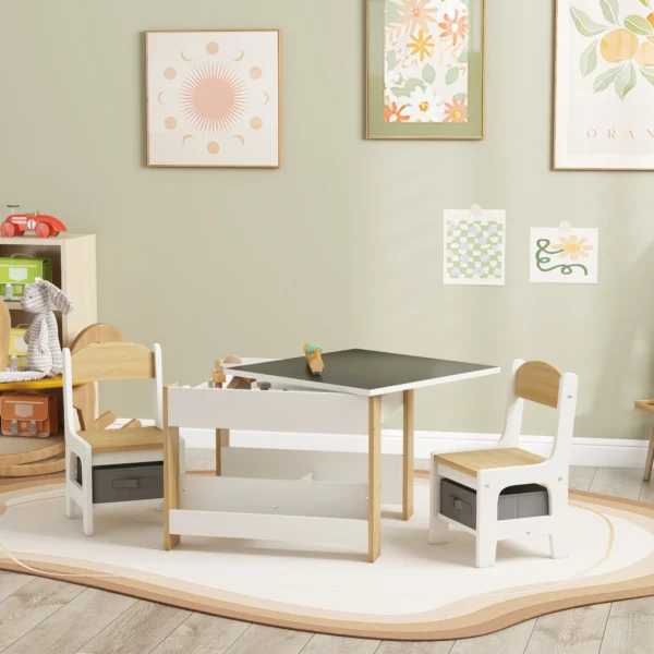 3PCs Kids Table and Chair Set with Blackboard, Storage, Nature Wood - Image 2