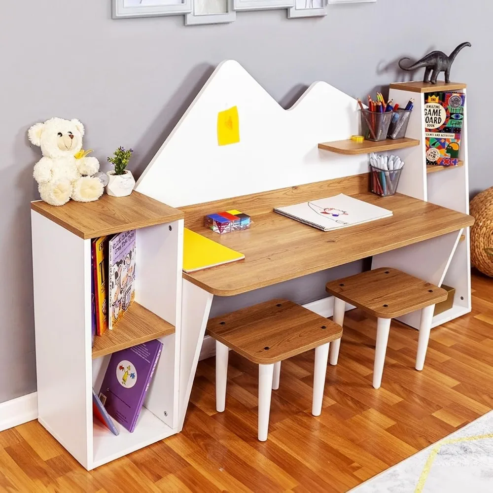 Kid's Study Desk with Bookshelf + Stools, Wooden Children Activity Table with Hutch and Shelves, Kids Bedroom Study Desk